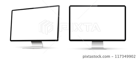 Realistic computer screen mockup. Computer display on two sides with blank screen. Realistic computer screen mockup. Computer display on two sides with blank screen. 117349902