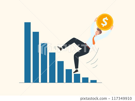 Businessman slipping on graph of business mistakes concept, failure, accident, stock market crash, economic downturn, recession, bankruptcy. 117349910