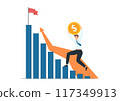 Happy businessman holding up large dollar coin, running up on rising financial graph, target is the highest level of the graph, Investment profit and earning, wealth and asset growth concept. 117349913