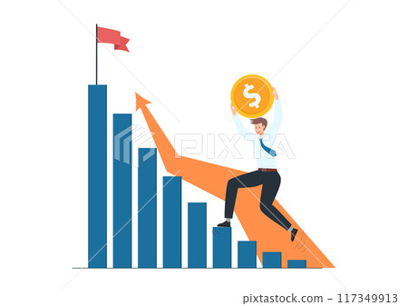 Happy businessman holding up large dollar coin, running up on rising financial graph, target is the highest level of the graph, Investment profit and earning, wealth and asset growth concept. Happy businessman holding up large dollar coin, running up on rising financial graph, target is the highest level of the graph, Investment profit and earning, wealth and asset growth concept. 117349913