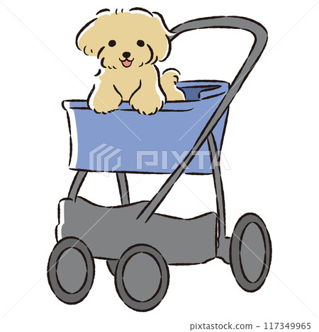 Hand-drawn illustration of a pet cart with a dog Hand-drawn illustration of a pet cart with a dog 117349965
