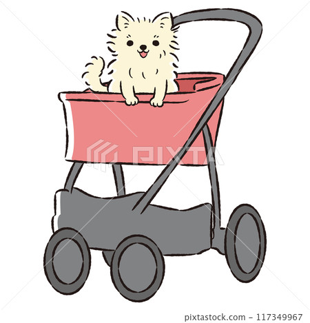 Hand-drawn illustration of a pet cart with a dog Hand-drawn illustration of a pet cart with a dog 117349967