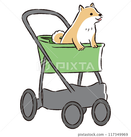 Hand-drawn illustration of a pet cart with a dog 117349969