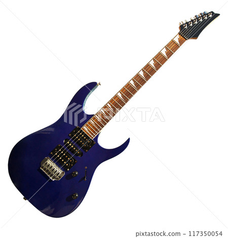 Electric guitar with a wooden blue body, special musical instrument, white area Electric guitar with a wooden blue body, special musical instrument, white area 117350054