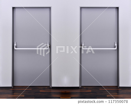 Emergency exit two grey door. Push bar and rail for panic exit Emergency exit two grey door. Push bar and rail for panic exit 117350078