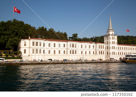 Traditional mansion white villa by the sea in the Bosphorus, Kuleli military high school, Turkey Istanbul June 22 2019 117350102