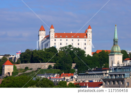 Bratislava, the capital of Slovakia in Central Europe. Bratislava Castle on a rocky hill overlooking the Danube River and the city. 117350458