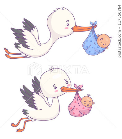 Cute flying white stork with newborn baby girl and boy. Isolated vector illustration. Funny Cartoon bird kawaii and infant. Kids collection. 117350764