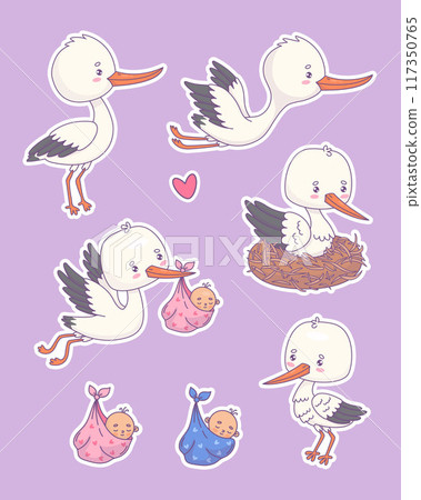 Cute white stork with baby stickers. Isolated funny cartoon kawaii bird character in nest, flying and newborn boy and girl. Vector illustration. Kids collection. 117350765