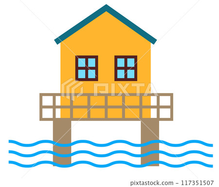 Beach bungalow icon. Beach house sign. House on stilts in the sea symbol. Seaside stilt house logo. flat style. 117351507