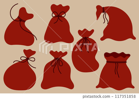 Set of simple full santa claus gift sacks. New Year red sacks. Christmas gift bags 117351858