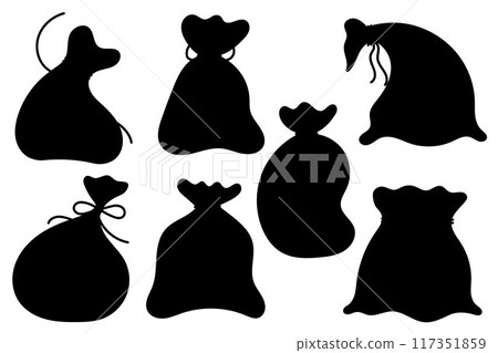 Black silhouettes, shadows of new year bags. Set of simple full santa claus gift sacks. Christmas gift bags. 117351859