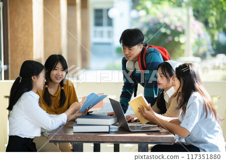Group of students studying on campus outdoors 117351880