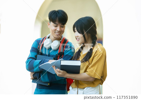 Students smiling while studying together on campus 117351890