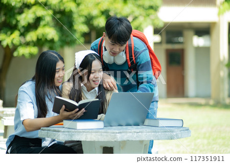 Group of students studying on campus outdoors 117351911
