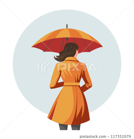 Woman with umbrella in the rain. Autumn or spring season. Flat style illustration 117352079