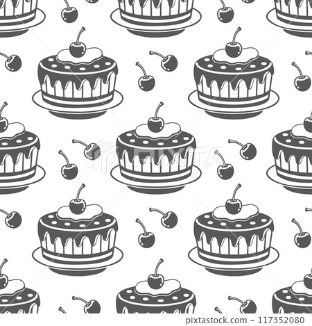 Seamless pattern, cherry cakes, engraving, baking silhouettes. Black and white illustration, food background 117352080