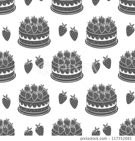 Seamless pattern, strawberry cakes, engraving, baking silhouettes. Black and white illustration, food background Seamless pattern, strawberry cakes, engraving, baking silhouettes. Black and white illustration, food background 117352081