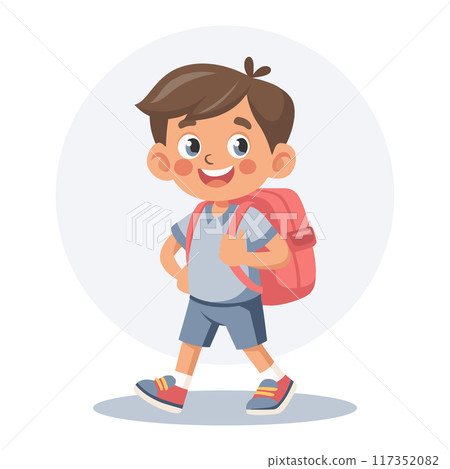 Cute schoolboy with school backpack going to school. Pupil character. Flat style illustration Cute schoolboy with school backpack going to school. Pupil character. Flat style illustration 117352082