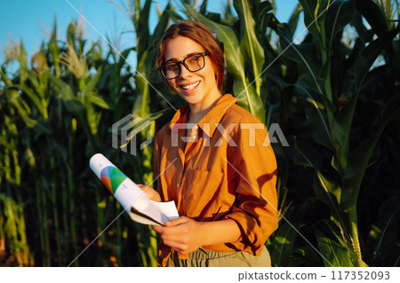 Farmer woman stands in field, inspects green corn plantation. Agricultural industry. Harvest concept Farmer woman stands in field, inspects green corn plantation. Agricultural industry. Harvest concept 117352093