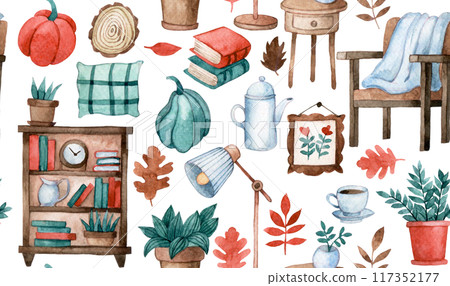 Watercolor seamless pattern cozy home. autumn interior, cute print with furniture 117352177