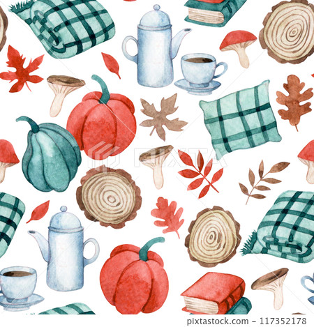 Watercolor seamless pattern cozy autumn. cute illustration with pumpkins, mushrooms and autumn leaves Watercolor seamless pattern cozy autumn. cute illustration with pumpkins, mushrooms and autumn leaves 117352178