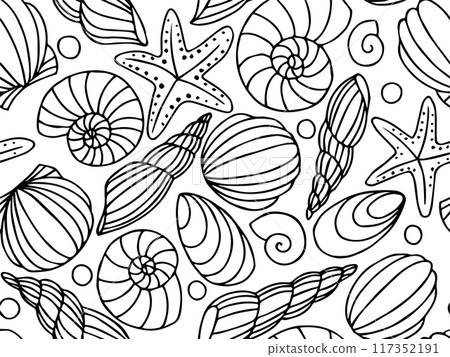 seamless pattern with shells and starfish on a white background. print on a marine theme seamless pattern with shells and starfish on a white background. print on a marine theme 117352191