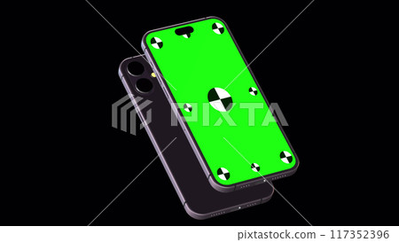 3D render of two smartphone with a black background. Rotating in screen. With a green screen for easy keying. Computer generated image. Easy customizable. 3D render of two smartphone with a black background. Rotating in screen. With a green screen for easy keying. Computer generated image. Easy customizable. 117352396