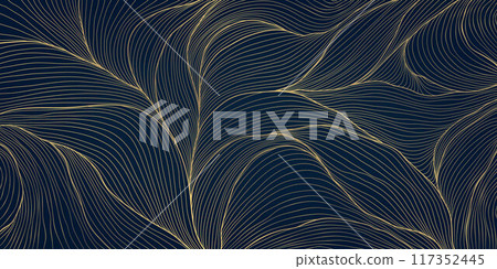 Vector gold leaves floral design, garden wavy background, art deco fancy pattern. Line plant abstract nature wallpaper, foliage texture 117352445