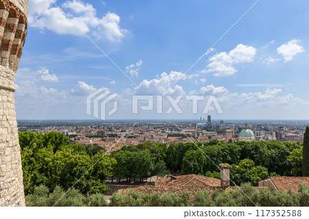 Brescia cityscape from medieval castle with Torre dei Prigionieri and Duomo dome 117352588