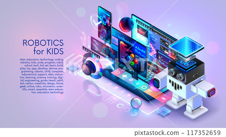 Robotics for kids banner. Kids learning to robotics, coding, AI in online IT school. Engineering courses in internet for kids. Education Kids robot development, robotics technology, coding on laptop. 117352659