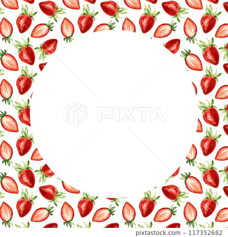 Frame with ripe sweet strawberry. Hand painting template, logo with red macro botanical watercolor illustration isolated on background. For designers, menu, shop, decoration, restaurant, for 117352682
