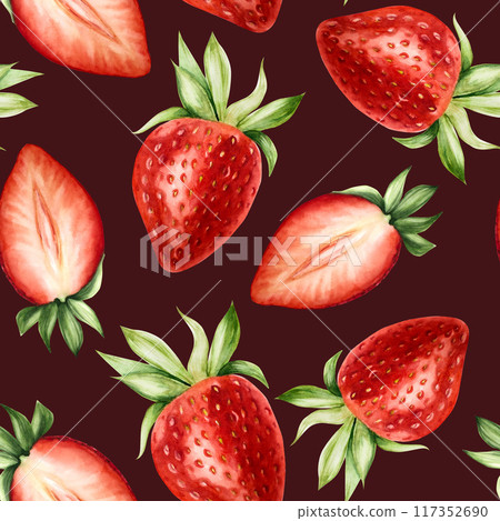 Seamless pattern with ripe sweet strawberry. Hand painting template with red macro botanical watercolor illustration isolated on background. For designers, menu, shop, decoration, restaurant, for Seamless pattern with ripe sweet strawberry. Hand painting template with red macro botanical watercolor illustration isolated on background. For designers, menu, shop, decoration, restaurant, for 117352690