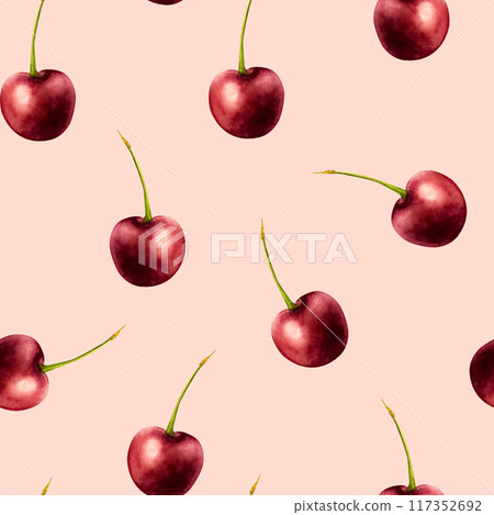 Seamless pattern with sweet ripe cherry. Hand painting red macro watercolor illustration isolated on background. For designers, menu, shop, decoration, restaurant, for postcards, wrapping paper, Seamless pattern with sweet ripe cherry. Hand painting red macro watercolor illustration isolated on background. For designers, menu, shop, decoration, restaurant, for postcards, wrapping paper, 117352692