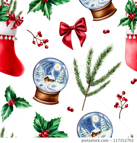 Seamless pattern with christmas pine branches, stocking for presents, glass snowball globe on wooden stand. Watercolor new year botanical illustration of realistic lush evergreen foliage tree part 117352702