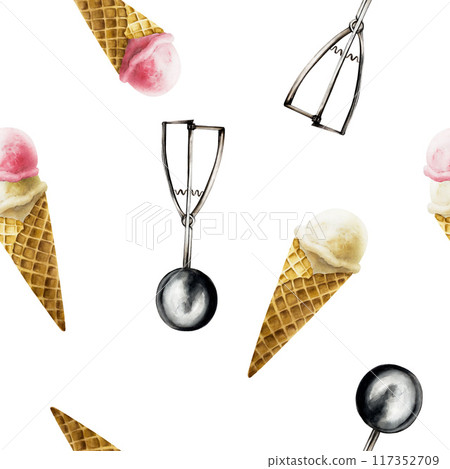 Seamless pattern with vanilla and strawberry, raspberry ice cream in crispy waffle cone. Silver scoop spoon. Hand painting sweet watercolor illustration isolated on background. For designers, menu, Seamless pattern with vanilla and strawberry, raspberry ice cream in crispy waffle cone. Silver scoop spoon. Hand painting sweet watercolor illustration isolated on background. For designers, menu, 117352709
