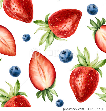Seamless pattern with sweet ripe strawberry and blueberry. Hand painting red and blue macro botanical watercolor illustration isolated on background. For designers, menu, shop, decoration, wrapping, 117352711