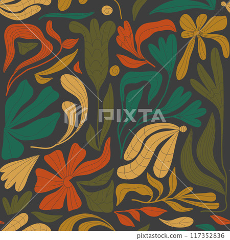 Vector seamless flower retro pattern, naive art illustration, groovy print. Wavy plant motif, organic summer poster. 117352836