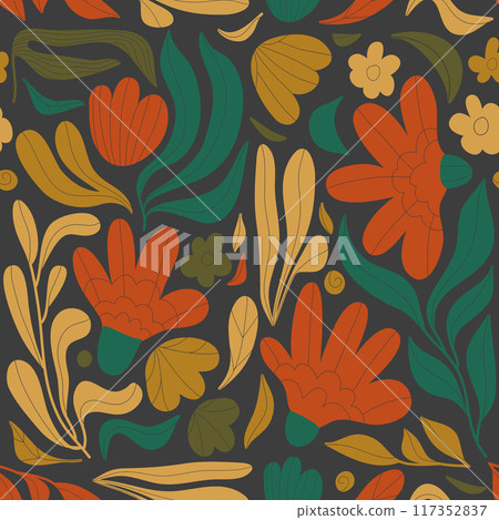 Vector seamless flower retro pattern, naive art illustration, groovy print. Wavy plant motif, organic summer poster. 117352837