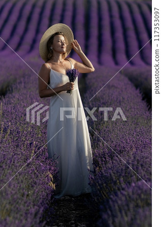 A woman in a white dress stands in a field of purple flowers A woman in a white dress stands in a field of purple flowers 117353097