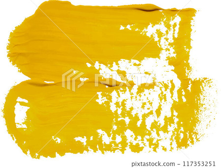 A smear of thick yellow paint on an isolated background, gouache sample 117353251