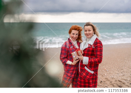Sea two Lady in plaid shirt with a christmas tree in her hands enjoys beach. Coastal area. Christmas, New Year holidays concep Sea two Lady in plaid shirt with a christmas tree in her hands enjoys beach. Coastal area. Christmas, New Year holidays concep 117353386