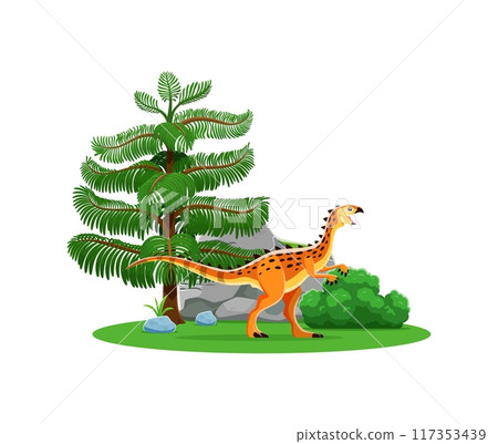 Cartoon dinosaur, prehistoric character of Scutellosaurus in jungle forest, vector Jurassic lizard. Prehistoric dinosaur or Scutellosaurus funny dino character for prehistory kid toy lizard or reptile 117353439