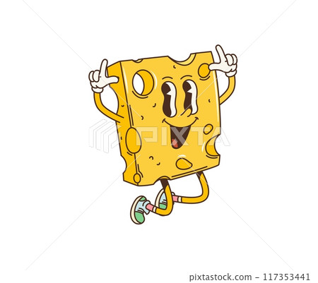 Retro cartoon groovy breakfast cheese slice character. Isolated vector smiling dairy piece of cheese with expressive eyes and sneakers giving playful hand gesture. Cheerful funky cheesy personage 117353441