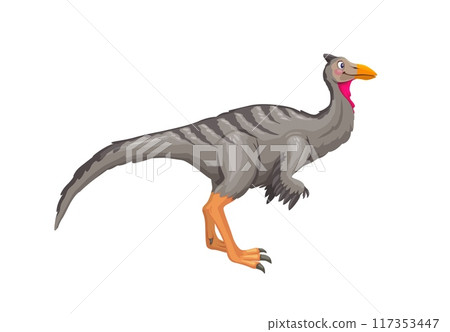 Pelecanimimus prehistoric dinosaur. Isolated cartoon vector bird-like dino predator with grey plumage, elongated neck with a pink throat pouch and sharp, orange beak, slender legs with sharp claws 117353447