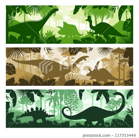Prehistoric dinosaurs in forest silhouette landscape or Jurassic park, vector backgrounds. Cartoon prehistoric dinosaur lizards in jungle forest trees and silhouettes of stegosaurus and brontosaurus Prehistoric dinosaurs in forest silhouette landscape or Jurassic park, vector backgrounds. Cartoon prehistoric dinosaur lizards in jungle forest trees and silhouettes of stegosaurus and brontosaurus 117353449