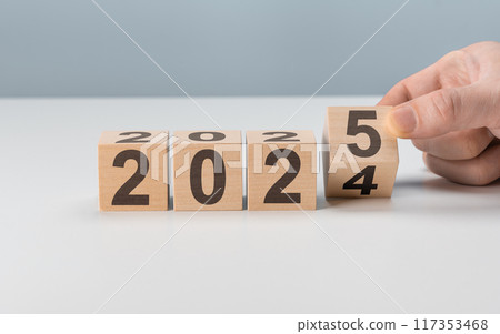 Starting new year 2025. Flipping of 2024 to 2025 on wooden cube blocks. Beginning and start of new year 2025. new year, life, business, plan, goals, target and strategy concept. 117353468
