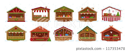 Christmas market stall booth, winter holiday fair village with wooden houses, vector icons. Christmas market vendor booth and kiosks with decorations, gingerbread cookies, sweets and mulled wine 117353478