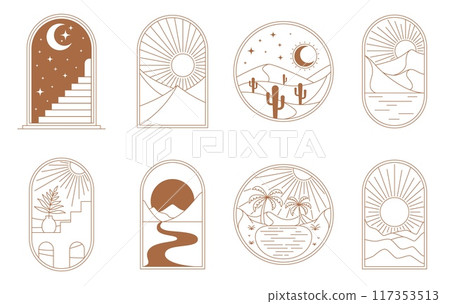 Boho window and desert icons with sun, moon and stars, palms and sea, vector line frames. Boho arches with line mountains, cactus and ladder stairs or river valley in summer night sunset or sun beams 117353513