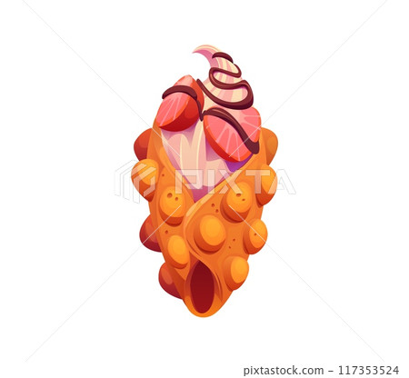 Cartoon Hong Kong bubble waffle fast food meal. Isolated vector ice cream with chocolate topping and strawberry. Delicious icecream in crispy pimpled wafer cup, sweet food, tasty street food dessert 117353524